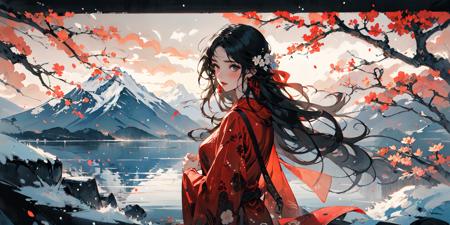 (masterpiece:1.2), best quality,PIXIV,Chinese ink painting,ink wash painting,(cowboy shot:1.2), 
1girl, long hair, jewelry, solo, earrings,black hair,red cloth,
mountain, Mountain paths, stone statues, stone paths, snow, plum blossoms
 <lora:Chinese ink painting_20230725220724-000018:0.8>