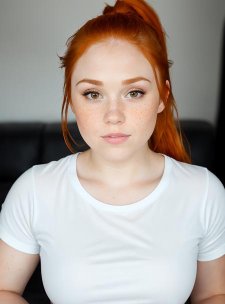 (8k, RAW photo, highest quality), beautiful girl (c14nn4Lynn:0.90) , close up, t-shirt, (detailed eyes:0.8), (highly detailed skin:1.4), (looking at the camera:1.4), freckles, (highest quality), (best shadow), intricate details, interior, (ponytail, ginger hair:1.3), dark studio, <lora:epiNoiseoffset_v2:1>