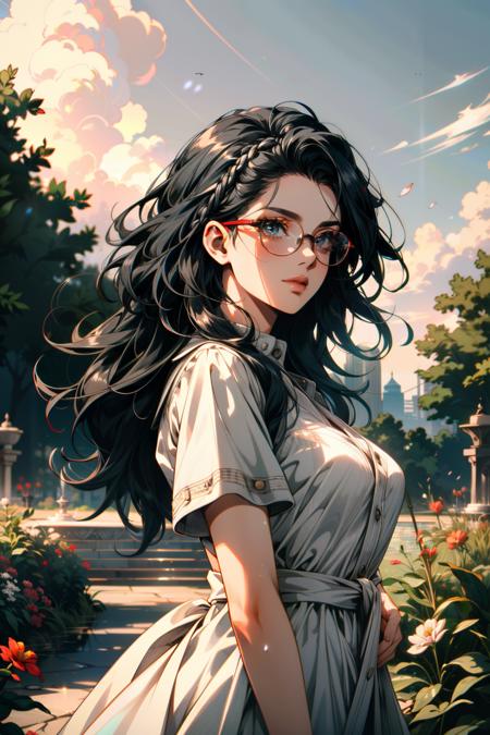 ((ultra detailed, masterpiece, absurdres))
 <lora:DMC5Nicoletta:0.9>
DMC5Nicoletta, 1girl, solo, long hair, black hair, glasses, Chic city park with a fountain, tailored jumpsuit, afternoon sunlight, dynamic lighting, detailed water reflections