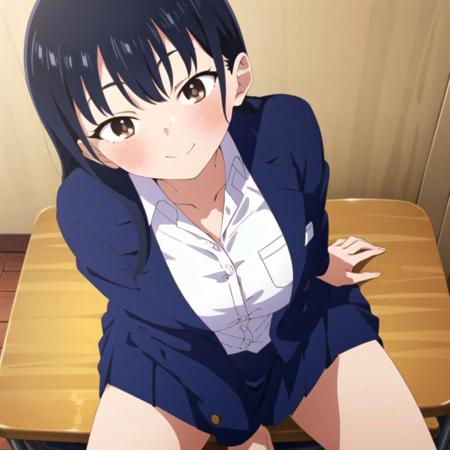 <lora:yamada:0.8> yamada, 1girl, solo, breasts, looking_at_viewer, smile, bangs, skirt, large_breasts, shirt, long_sleeves, sitting, closed_mouth, school_uniform, jacket, white_shirt, pleated_skirt, open_clothes, collared_shirt, indoors, open_jacket, blue_skirt, arm_support, from_above, chair, blazer, looking_up, desk, between_legs, hand_between_legs, classroom, school_desk, on_desk, school_chair, sitting_on_desk