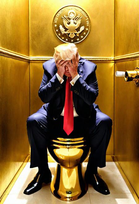 Photo of a Donald Trump, facepalm, sitting on a gold plated toilet