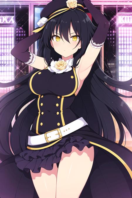 (masterpiece, best quality), highly detailed background, perfect lightingbest quality, hyoukiSK, solo, yellow rose, black headwear, black hat, black hair, hair between eyes, bangs, very long hair, yellow eyes, large breasts, black dress, frilled dress, black gloves, elbow gloves, belt, frilled skirt, asymmetrical legwear, uneven legwear, striped, single thighhigh, closed mouth, <lora:Hyouki_Senran-Kagura:0.7>