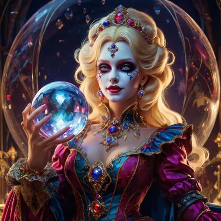A mysterious and sexy blonde female jester placed within a magic crystal ball, where she can dance and do her acts in a harlequin outfit, but unable to escape from the crystal ball.