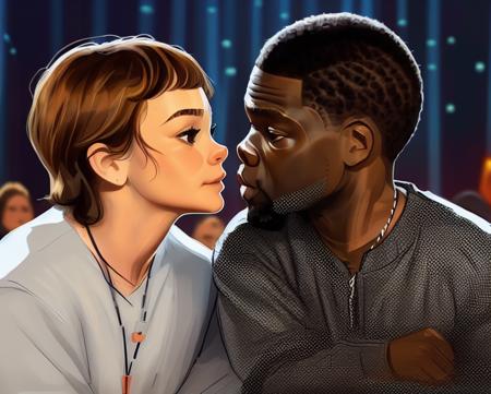 young super cute (Carey Mulligan about to kiss male actor Kevin Hart ), [Budapest Hungary:0.7], drawn perfectly in the style of sda <lora:SDA-style_V15_Reged:0.9>