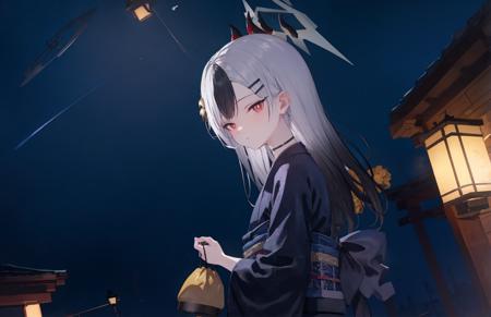 masterpiece, best quality, multicolored hair, white hair,[black hair],1girl, japanese clothes, hair ornament, solo, halo, flower, looking at viewer, sash, hair flower, obi, hairclip, night, outdoors, choker, wide sleeves,  closed mouth, dutch angle, bag,kimono,horns,print_kimono,multicolored hair,black hair,white hair,white pupils,city_lights, (lanterns),twilight,<lora:newyearkyk2lora-000016:0.9>