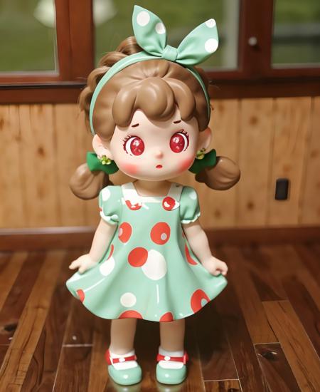 blindbox, 1girl, solo, looking at viewer, blurry background, brown hair, red eyes, dress, bow, twintails, standing, full body, braid, short sleeves, hair bow, hairband, earrings, red bow, twin braids, polka dot, green dress, hands on hips, polka dot bow
 <lora:cute_blindbox_v11:0.7>