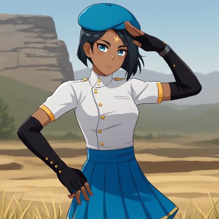 Ciel_RWBY Blue eyes,short hair, forehead jewel, dark-skinned female, black hair, beret, fingerless gloves, white shirt, short sleeves, pleated skirt, black gloves, blue skirt, elbow gloves