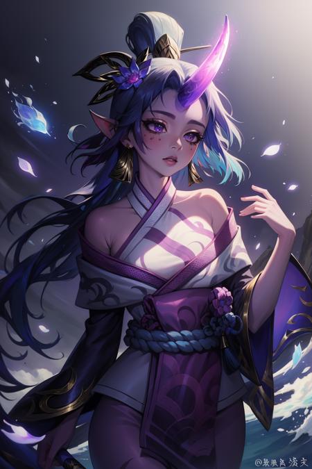 spirit blossom soraka, 1girl, purple skin, colored skin, single horn, kimono, hair ornament, bare shoulders, long hair