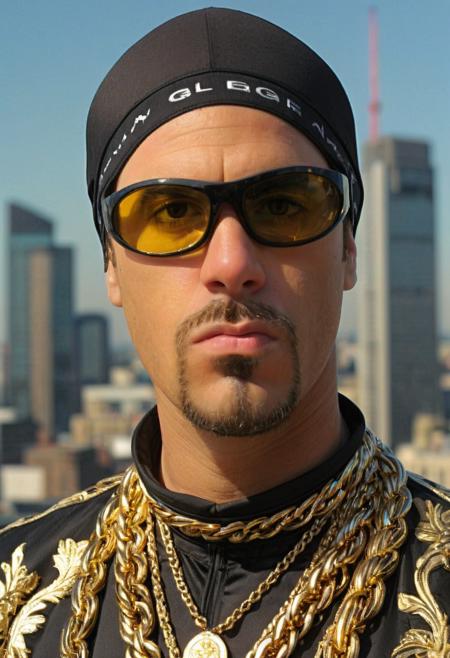 a picture of a man EPAliGXL wearing an an expensive two piece suit, black do-rag, sunglasses, jewellery, standing on a rooftop, london, upperbody portrait