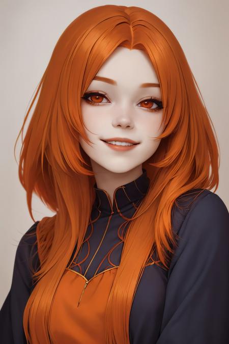 headshot photo of <lora:tenletters_v1:.9> tenletters, focus on smiling face, wearing conservative clothing, her color tangerine hair is styled as layered lob hair,