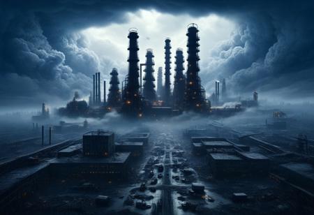 BREAK dark speckled clouds, abstract, attention to details, Photorealistic, Hyperrealistic, Hyperdetailed, analog style, soft lighting, subsurface scattering, realistic, heavy shadow
 <lora:dvr-lnds-sdxl:1> dvr-lnds-sdxl, grim, dark athmosphere, industrialbuilding, rich light and shadow, machinery factory is manufacturing realistic, the horizon is hidden behind dusty clouds and the silhouettes of giant factories and pipes, the whole land is hidden behind the buildings of industrial complexes, tower (A giant tower covered in antennas and spikes, its top hidden by clouds, the tower radiates an ominous light from a central entrance at its base), a city without power, the buildings look abandoned, <lora:EMS-61413-EMS:0.500000>,<lora:EMS-274228-EMS:0.500000>,<lora:EMS-283796-EMS:1.000000>