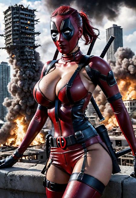 hyperrealistic art (busty girl deadpool, burning helicopter, chaos), (reflections, exploding buildings, storm, wet), slim body, (huge breasts), (breasts bursting out of  open cleavage cutaway, bare skin cleavage, huge round breasts), (full mask, full costume with cleavage cut away), extremely high-resolution details, photographic, realism pushed to extreme, fine texture, incredibly lifelike, huge tits, (in action poses), (doing vertical leg splits), (defined cameltoe),