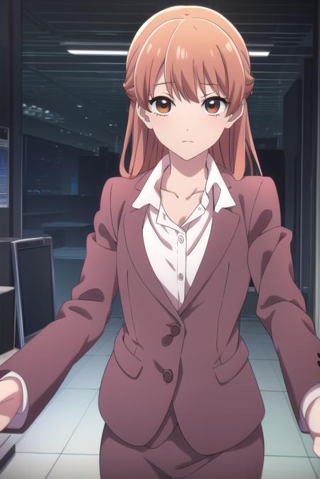 narumi momose, long hair, (brown eyes:1.2), skirt, shirt, jacket, formal, suit, pencil skirt, office lady, skirt suit,