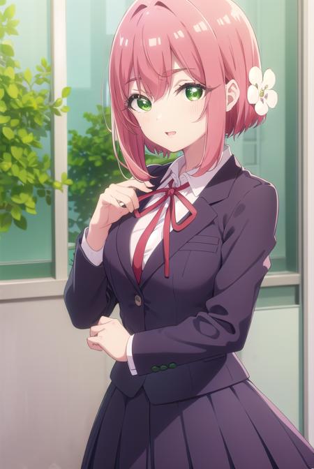 hakarihanazono, <lora:hakarihanazono-lora-nochekaiser:0.8>,
hakari hanazono, short hair, hair ornament, (green eyes:1.5), pink hair, flower, hair flower, hair between eyes, sidelocks, <lora:talkmouth_E_v100:1>, open mouth,
BREAK skirt, shirt, ribbon, school uniform, blazer, white shirt, pleated skirt, collared shirt, black skirt, red ribbon, neck ribbon, 
BREAK looking at viewer,
BREAK indoors, classroom, (cowboy shot:1.5),
BREAK <lyco:GoodHands-beta2:1>, (masterpiece:1.2), best quality, high resolution, unity 8k wallpaper, (illustration:0.8), (beautiful detailed eyes:1.6), extremely detailed face, perfect lighting, extremely detailed CG, (perfect hands, perfect anatomy),