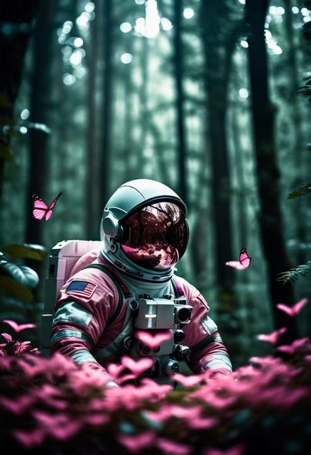cinematic photo cinematic film still an astronaut stuck in a thick dense mystical forest looking from a distance afar into the camera, 32k, ultrahd, glowing butterflies, pink color, ultrasharp, dark green leaves . shallow depth of field, vignette, highly detailed, high budget Hollywood movie, bokeh, cinemascope, moody, epic, gorgeous, film grain, grainy . 35mm photograph, film, bokeh, professional, 4k, highly detailed