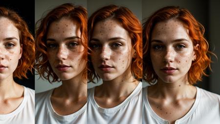 closeup portrait photos split,  of 32 y.o white female, wearing gray shirt, shaved beard, orange curly hair, freckles, cinematic shot, dramatic lighting