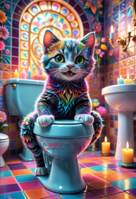 Fractangles, create a ultra detailed artwork of a ultra cute kitten with adorable eyes (sitting on toilet:1.5) in a princess luxury bathroom in pastel hues. Smiling face, very colorful spring flowers, candles, very colorful. Detailed cute Tiles as background, Bokeh, depth_of_field, masterpiece, absurdres, vibrant, dynamic pose, dynamic dramatic angle, warm lightning, very colorful, highly detailed, tack sharp eye focus, looking to viewer, An artistic marvel, merging rich cartoon aesthetics with ultra-HD sharpness and striking 8K depth. Meticulous craftsmanship ensures that every nuance of the motif shines in extraordinary resolution.