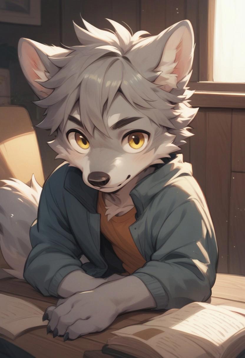 Score_up_7, score_up_8, score_up_9, 1boy, cute, yellow eyes, gray hair, short hair, furry,  wolf, shortstack, alone