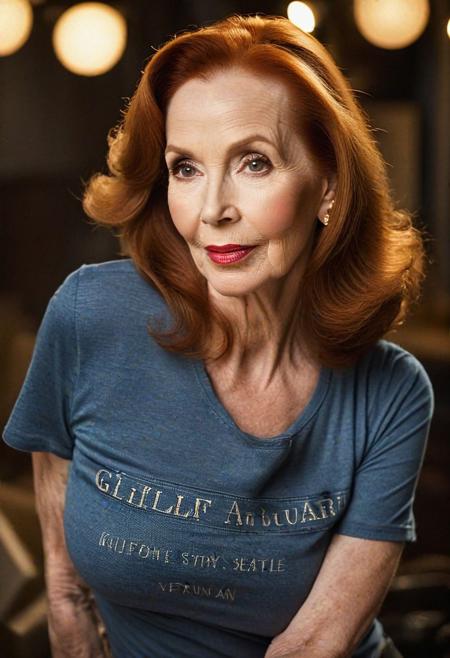 cinematic film still, ((professional photography)), ((masterpiece)), (((photorealism))), perfect focus, centered, medium shot of beautiful, mature, long-haired,  Katherine Helmond looking to camera, (wearing tight T-shirt that reads "GILF", and tight jeans:1.3), (very well endowed:1.3), ((very long auburn hair:1.3)), natural skin, professional makeup, glossy lipstick, (soft, warm studio lighting:1.3), professional photography, Nikon 35mm lens, bokeh, diffused light