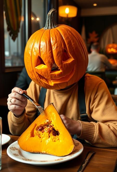 A person with a pumpkin head, after celebrating Halloween, decided to try a triangular pumpkin at a restaurant. His attention was attracted by the unusual appearance of the vegetable, and he couldn't resist the temptation. The pumpkin was carefully sliced and decorated, but its shape was different from round - it was triangular. The person with the pumpkin head cautiously tasted the vegetable, and the first bite was unexpected: the pumpkin was juicy, sweet, and with a light nutty note. Its texture was denser than that of a regular pumpkin, which added interest. He began to enjoy every bite.
Other restaurant visitors paid attention to his meal, some smiled, others looked with curiosity. The person with the pumpkin head decided to share his impressions. He felt awkward but was glad to try something new. After the meal, he thanked the waiter and left a tip, despite his strange appearance. Leaving the restaurant, he was satisfied and proud that he was able to enjoy the moment and try something unusual.
This incident reminded him that it's worth stepping out of his comfort zone and trying new things, even if they're strange or unfamiliar. Such moments make life brighter and more interesting.