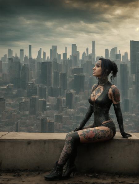 a woman with tattoos sitting on a dirty surface with a city in the background and a spooky sky, Aramenta Dianthe Vail, post apocalyptic, cyberpunk art, gothic art