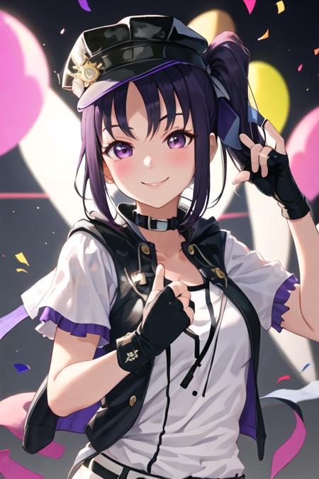 best quality, masterpiece, highres, solo, {kazuno_sarah_lovelivesunshine:1.15}, bangs, purple_hair, sidelocks, smile, side_ponytail, purple_eyes, long_hair, blush, breasts, 1girl, gloves, hair_down, hat, upper_body, fingerless_gloves, birthday, looking_at_viewer, character_name, dated, happy_birthday, short_sleeves