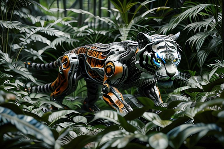 Robot tiger looking at viewer in a jungle setting. mercurytech