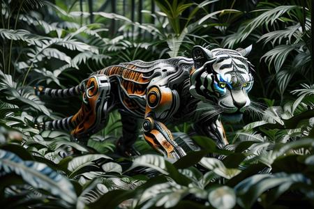 Robot tiger looking at viewer in a jungle setting. mercurytech