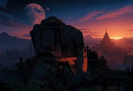 Top-down view, with the horizon line at the top of the image. Aerial view of an ancient temple in the middle of a lush forest. The scene takes place on another planet, as two moons are visible in the sky—one very large and the other smaller. The temple is perched on a massive rocky spur, overlooking the vast tropical forest. It is carved directly into the rock, with a colossal doorway leading into the depths of the stone. The temple is harmonious, made of stone, exuding an ancient and mystical presence.
Several platforms extend from the rocky foundation of the temple, with intricate stairways leading up to the immense entrance. In the distance, two other ancient temples can be seen, also clinging to rocky spurs high above the forest. The temples are surrounded by an endless expanse of dense, tropical vegetation.
The sky remains luminous as the sun sets, casting a stunning blend of deep blues and warm oranges. The atmosphere is nocturnal, with breathtaking twilight hues. The composition is beautifully balanced, with expertly crafted lighting and contrast. The sunset bathes the landscape in a dramatic glow, and careful attention is given to the projection of shadows, enhancing the depth and realism of the scene.