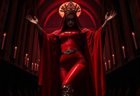 ((score_9, score_8_up, score_7_up)), (((character design, sci-fi warrior women, feminine power, perfect anatomy))), 
An enigmatic figure of a (occult)nun(caucasian), her red (skintight_sealed_bodysuit)habit sexy, conducting a sensual occult ritual inside a dark cathedral at (red)midnight. Her (eyeless)mask, elaborate crown, (fully)conceals her identity, adding to her mystique and allure. gold stiletto platform thigh boots, big breasts, tiny waist, flat abs, naughty, looking at viewer, seducing with her body, dancing towards viewer with her arms extending up, sexy ass seductive wide hips, butt cheeks, twerk, huge perky breasts, in the style of a vintage, high-contrast setting. Emphasize theatrical elements with a bit of bright colors against dark, moody backgrounds
,big butt, booty, bubble butt, <lora:add-detail-xl:2>