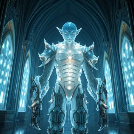 Masterpiece 5 protozoa/humanoid, bioluminescence translucent  body, with no ears and no nose, 32k, 16k, 8k, masterpiece, cinematic art, Kaiju bioluminescence translucent armor, standing inside a bioluminescence translucent cathedral,