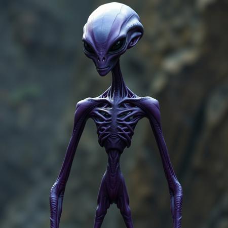 A 7 foot tall slender alien. Humanoid with elongated skull , purple skin, 2 slits for a nose, thin mouth , long limbs , asexual