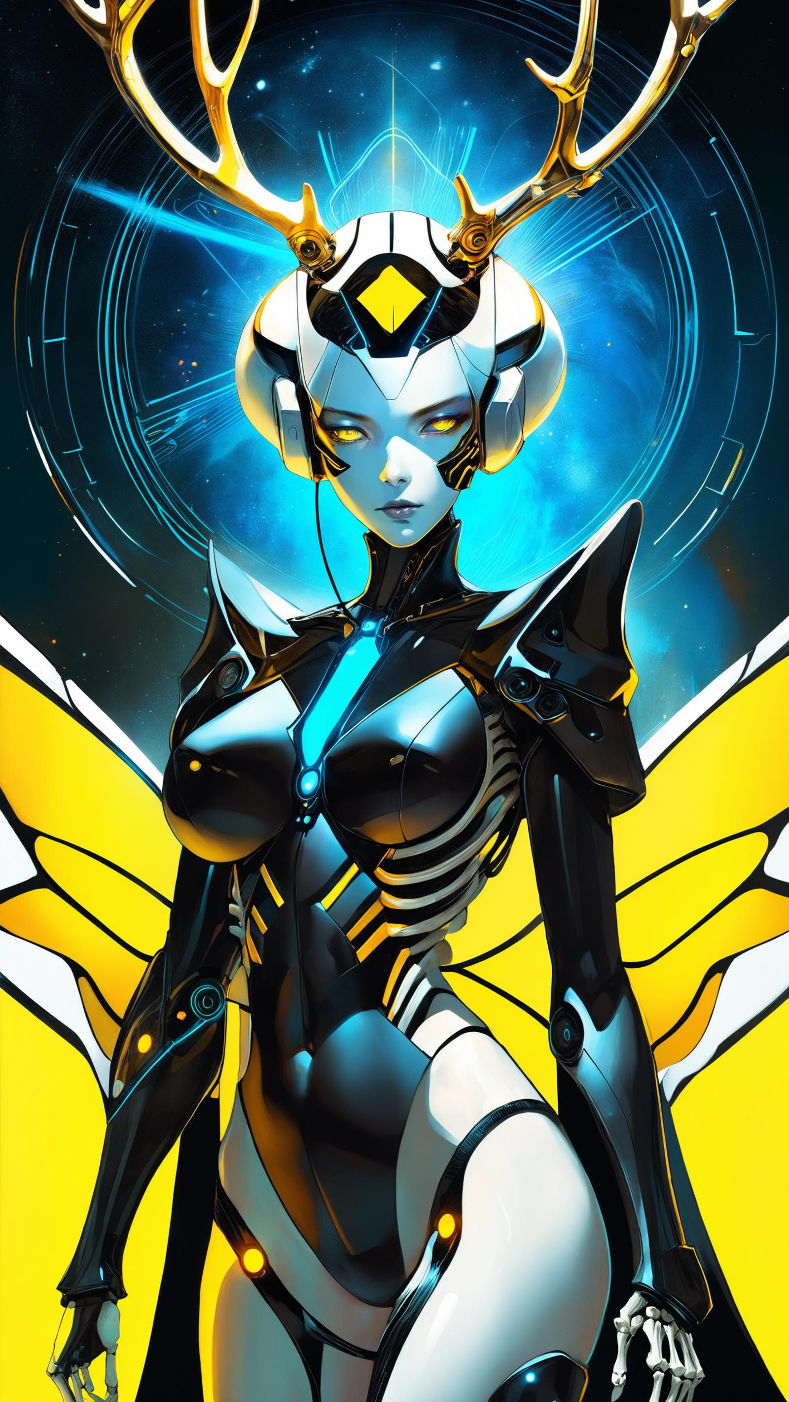 A futuristic woman with blue eyes and a robotic head wearing a black and yellow outfit.