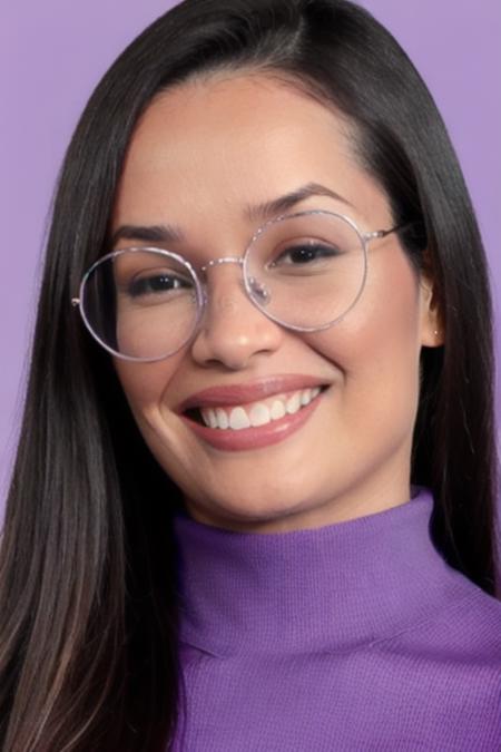 Photo of beautiful jul13tt3 woman, detailed face smiling, (blurred background)+, light purple turtleneck blouse, glasses