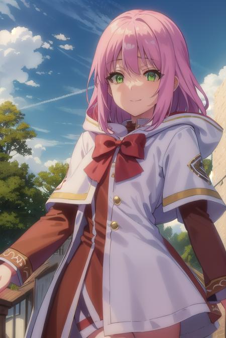 nornclatalissajioral, <lora:norn clatalissa jioral s1-lora-nochekaiser:1>,
norn clatalissa jioral, long hair, hair between eyes, (green eyes:1.5), pink hair, smile,
BREAK long sleeves, dress, bow, red bow, hood, robe, white robe,
BREAK outdoors, forest, nature, grass, trees, sun, sky, clouds,
BREAK looking at viewer, (cowboy shot:1.5),
BREAK <lyco:GoodHands-beta2:1>, (masterpiece:1.2), best quality, high resolution, unity 8k wallpaper, (illustration:0.8), (beautiful detailed eyes:1.6), extremely detailed face, perfect lighting, extremely detailed CG, (perfect hands, perfect anatomy),