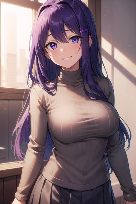 ddlcyuri, <lora:ddlcyuritest:1>,
ddlcyuri, hair ornament, hairclip, long hair, (purple eyes:1.1), purple hair, grin, smile, hair over eyes,
BREAK casual clothes, grey sweater, miniskirt, pants, ribbed sweater, skirt, sweater, turtleneck, turtleneck sweater,
BREAK looking at viewer,
BREAK indoors, classroom,
BREAK <lora:GoodHands-vanilla:1>, (masterpiece:1.2), best quality, high resolution, unity 8k wallpaper, (illustration:0.8), (beautiful detailed eyes:1.6), extremely detailed face, perfect lighting, extremely detailed CG, (perfect hands, perfect anatomy),