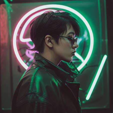 DSLR photo, side view of a woman with short black hair standing in front of a green neon sign, sunglasses, jacket, in the rain, <lora:NeonNoir-000002:0.65>, NeonNoir, hard shadow, masterpiece, best quality, Intricate, High Detail, 8k, modelshoot style, film grain