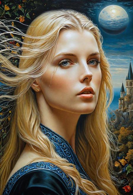painting, an eye contact of a blond woman with long hair and dark theme, Michael Cheval, 4k