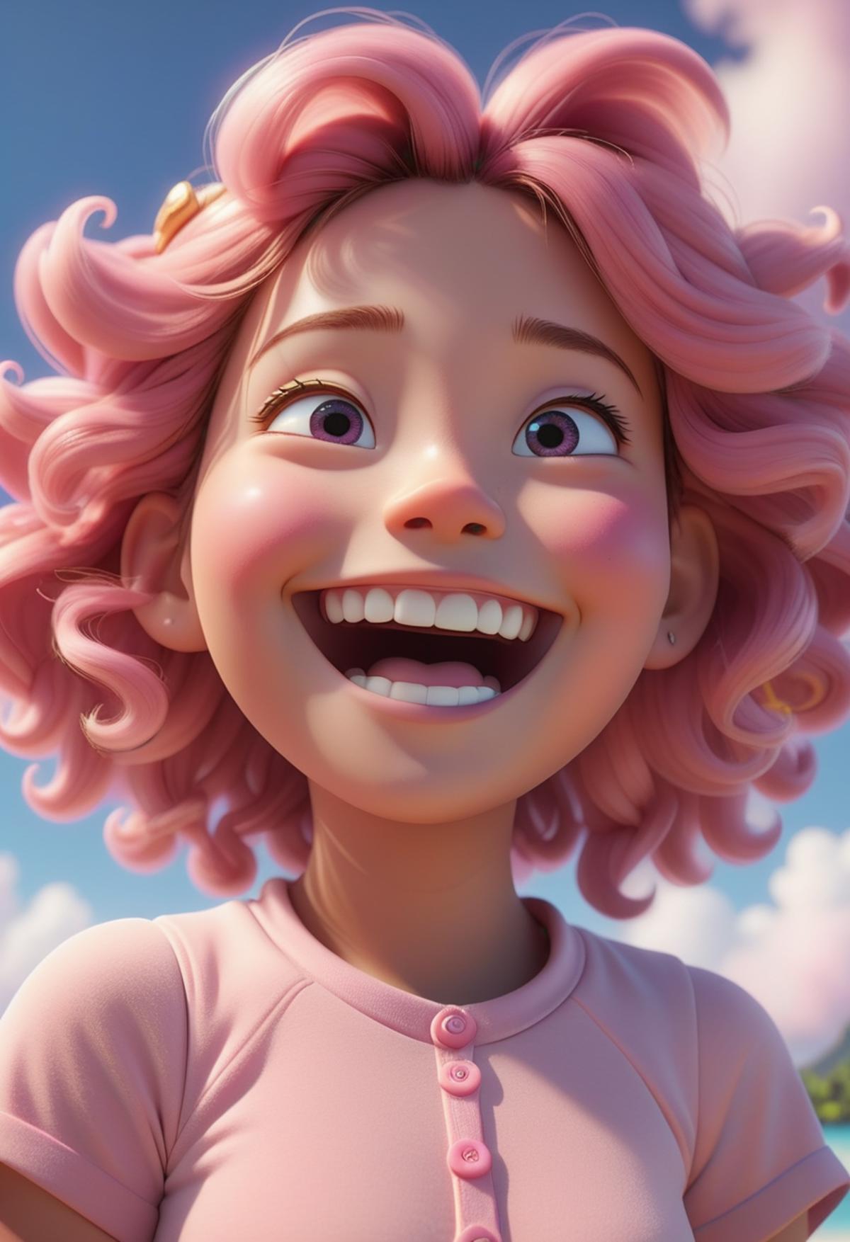 pixar character ,pixar style,pink cloud ,happy ,cute smile, sunshine, in paradise, very detailed face(best quality), (mast...