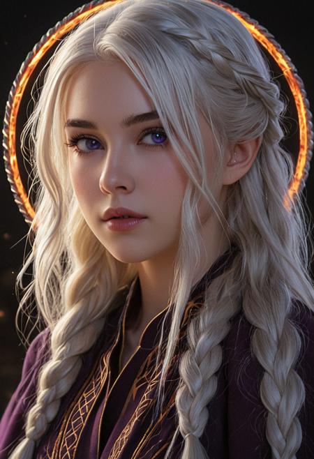 anime artwork <lora:R0k00bstr0ctHD:1>,r0k00bstr0cthd,r0k00bl0ckb0ckgr00ndhd,(shiny, fire, multicolored, black background, glowing, magic circle, aura),, (Hair, Long, silver-blonde hair (often described as pale as moonlight), a hallmark of her Targaryen lineage. In the books, her hair is worn in intricate braids, symbolizing victories and tradition:1), (Eyes, Large, violet eyes, often noted for their intensity and otherworldly quality, typical of the Valyrian race:1), (Skin, Pale, creamy complexion with a smooth, almost luminous quality that enhances her striking beauty:1), (Build, Slim and petite, yet strong and resilient, reflecting her gradual transformation from a timid girl into a determined leader:1),  short in stature, . anime style, key visual, vibrant, studio anime,  highly detailed