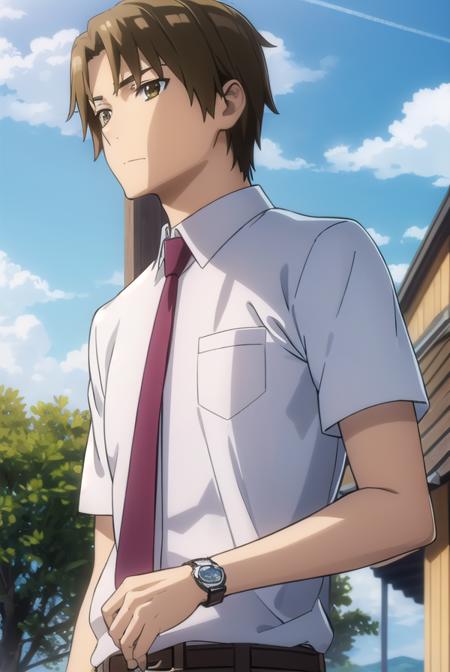 atsumumatsuyuki, <lora:atsumu matsuyuki s1-lora-nochekaiser:1>,
atsumu matsuyuki, brown hair, (brown eyes:1.3), male focus,
BREAK shirt, school uniform, white shirt, short sleeves, necktie, collared shirt, belt, pants, red necktie, watch, wristwatch,
BREAK outdoors, house, fields, grass, sky, sun, clouds,
BREAK looking at viewer, (cowboy shot:1.5),
BREAK <lyco:GoodHands-beta2:1>, (masterpiece:1.2), best quality, high resolution, unity 8k wallpaper, (illustration:0.8), (beautiful detailed eyes:1.6), extremely detailed face, perfect lighting, extremely detailed CG, (perfect hands, perfect anatomy),