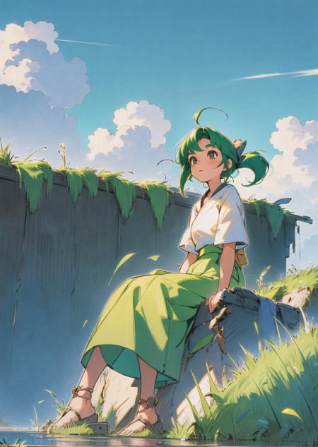 <lora:lora:1>, highres, detailed, ashinano-style, 1girl, green hair, wide shot, grass, overgrown, sitting, blue sky, clouds