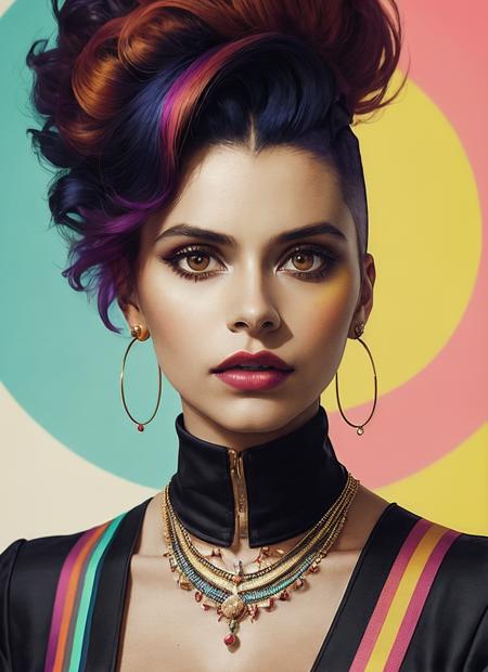 portrait of sks woman by Flora Borsi, style by Flora Borsi, bold, bright colours, rainbow Mohawk haircut, ((Flora Borsi)), <lora:locon_zaziebeets_v1_from_v1_64_32:1>