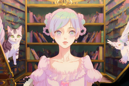 (((masterpiece, high quality, masterpiece,))), woman, glitched face, playing piano, in a library, the bookshelves are twisted, (pastel:1.2), cat on the piano, birds, 