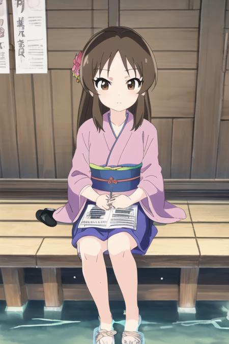 Tachibana Arisu, 1girl, japanese clothes, solo, hand fan, hair ornament, brown eyes, kimono, brown hair, paper fan, flower, water, barefoot, hair flower, uchiwa, sitting, sandals, soaking feet, long hair, braid, yukata, shoes removed, looking at viewer
 <lora:arisu-u149-anime-v1.0:1>