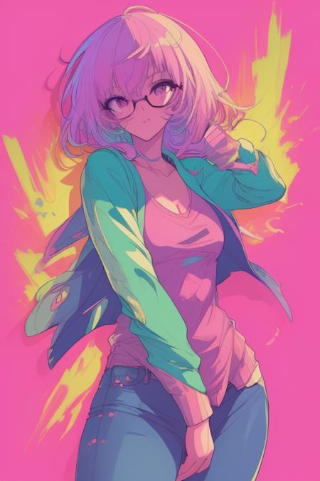 full body portrait, sneaker, jeans, longsleeve sweater,glasses,((1girl, female)),
Masterpiece, high quality, best quality, highres,
 <lora:PE Neon Pastel Anime Style 1.5:0.8> PENeonPastel, anime, vibrant colors, pastel color, neon color