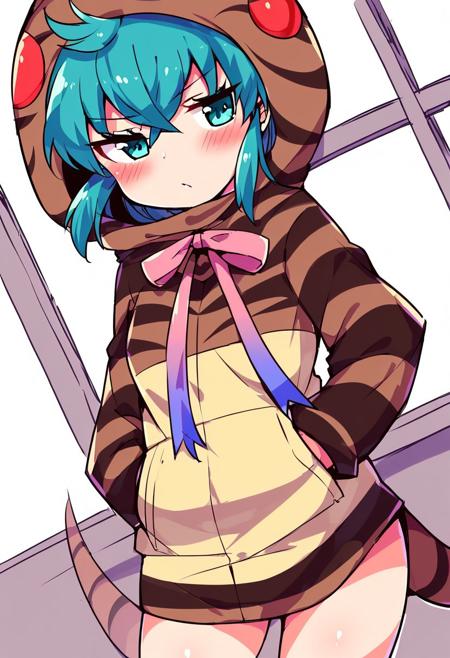  tsuchinoko (kemono friends) hoodie, striped hoodie, pocket, hood, long sleeves, neck ribbon, pink ribbon, striped tail, snake tail, striped hoodie, aqua hair, aqua eyes, short hair, 