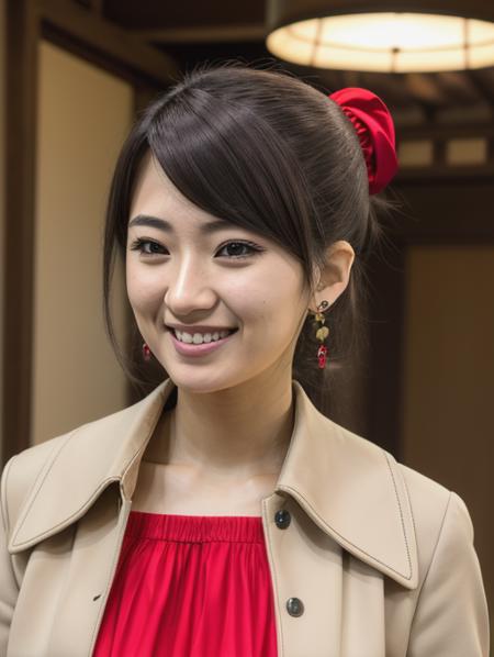 best quality, masterpiece, highres, detailed, realistic, <lora:Detail - add_detail:0.2>, KanaokoM,  <lora:Character - KanakoM:0.7>, KanakoM, low ponytail, brown eyes, 25 year old japanese, beige jacket, red dress, upper body, earrings, cosplay, hair on shoulder,  smile,