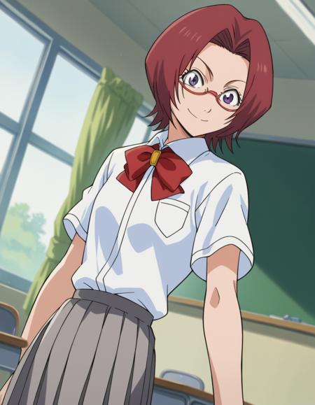 chizuru honsho, short hair, red hair, purple eyes, glasses, skirt, shirt, bow, school uniform, white shirt, short sleeves, pleated skirt, bowtie, red bow, red bowtie, grey skirt,