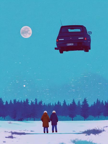 SoftSorrowStyle, 2boys, standing, outdoors, multiple boys, hood, from behind, ground vehicle, motor vehicle, snow, car, vehicle focus, dark night, moon sky, silhouette, glitch, <lora:SoftSorrowStyle:0.7>